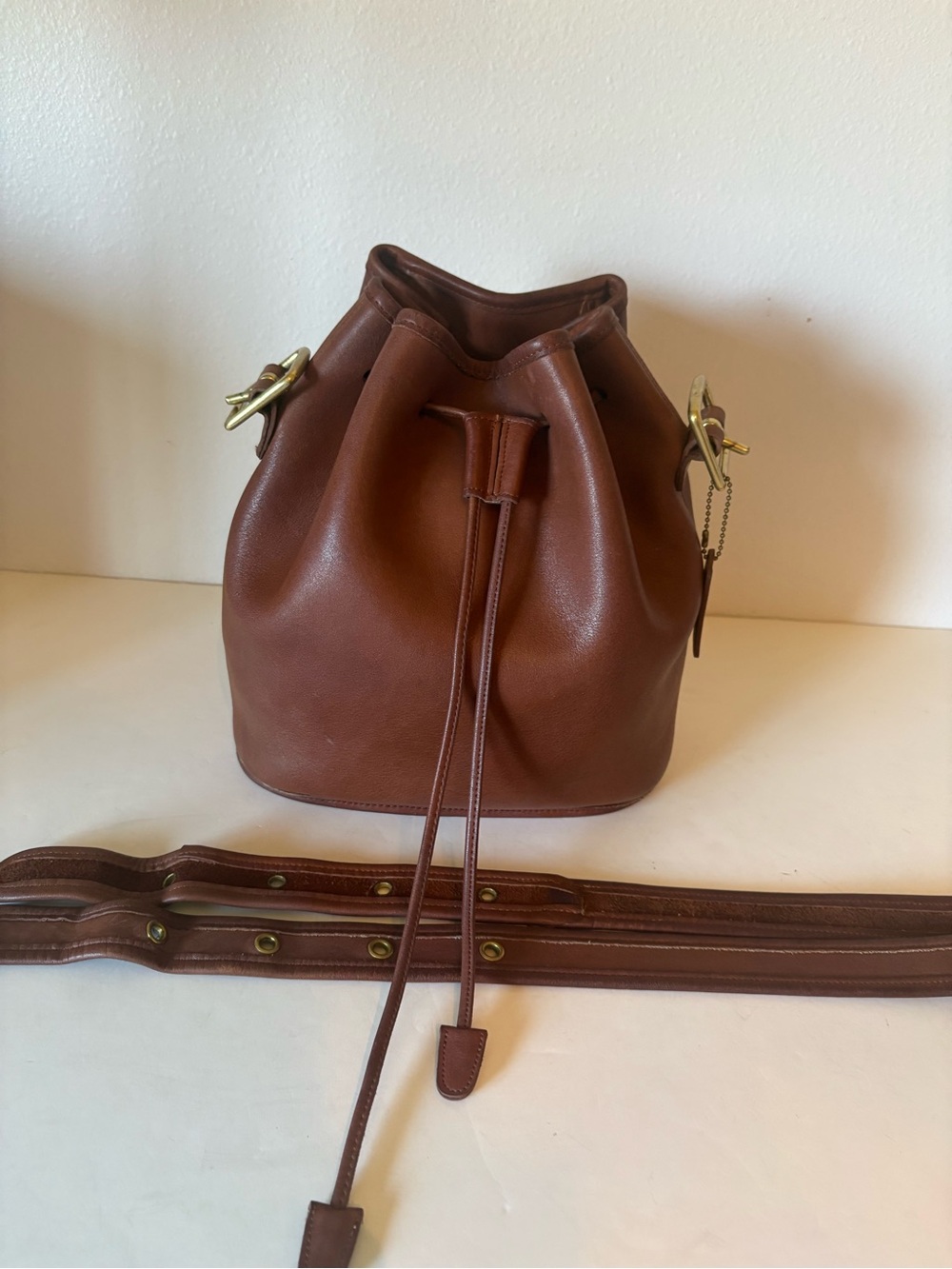 Coach Brown Leather Drawstring Crossbody Bucket Bag